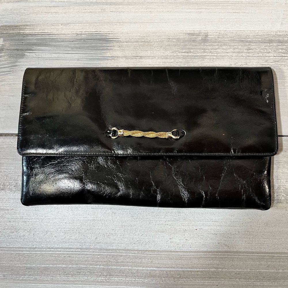 80s Erik for Holiner Leather Envelope Clutch Chain detail Black patent